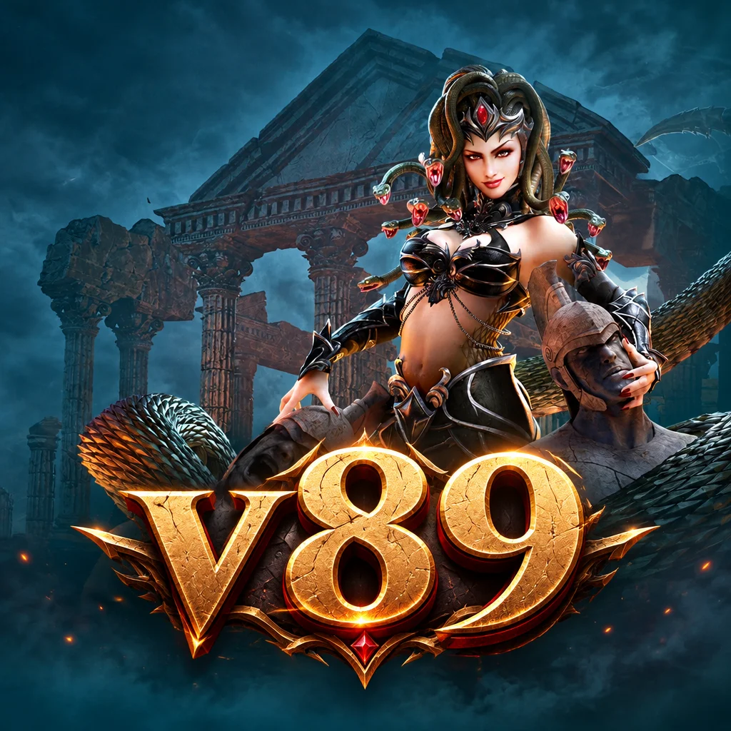 Medusa berambut ular di depan reruntuhan kuil kuno dengan logo v89